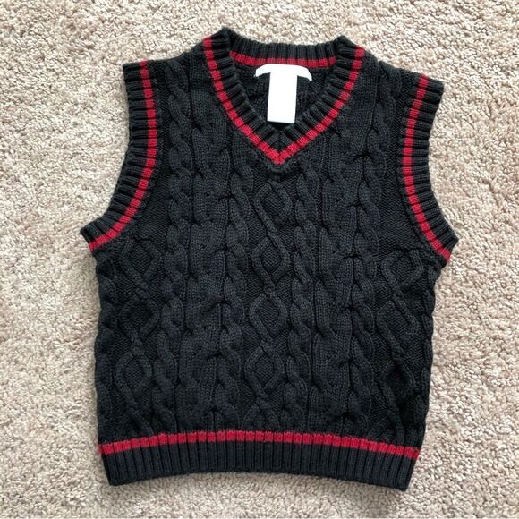 Janie and Jack Sweater Vest Boys 2T Black Red Cable Knit - Picture 1 of 5